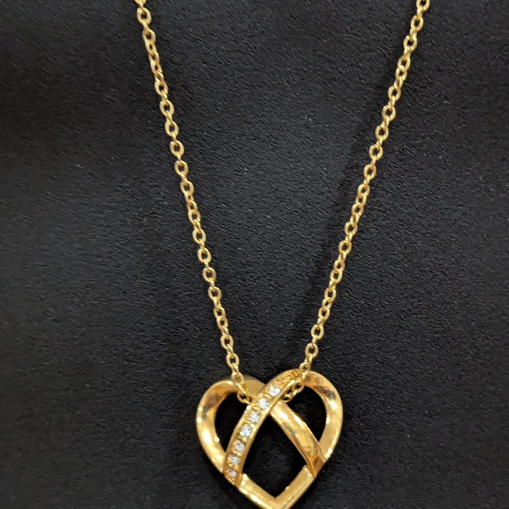Gold Tone Heart Necklace With Rhinestones
